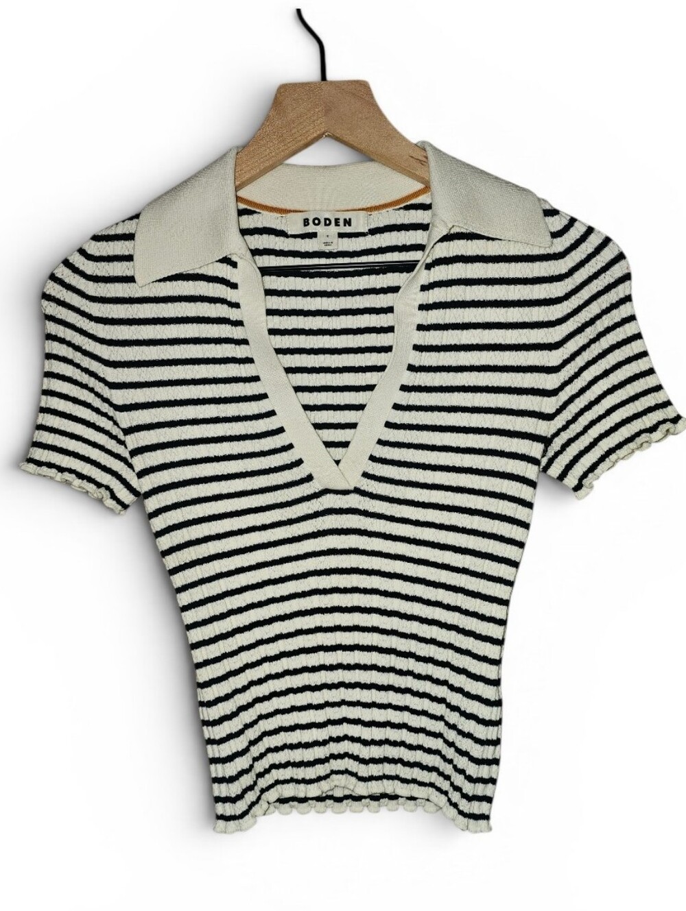 NWOT BODEN X ANTHROPOLOGIE Stripe Ribbed Collared Pointelle Short Sleeve - Small